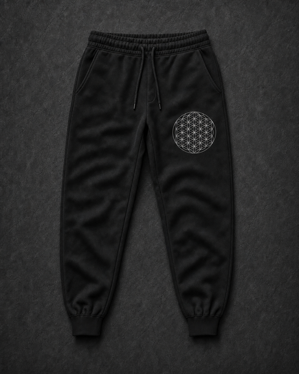 Flower of Life Fleece Joggers — perfectly round sacred geometry print — Vertex Origin Studio