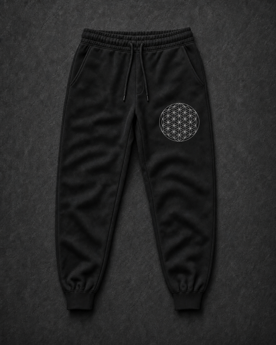 Flower of Life Fleece Joggers — perfectly round sacred geometry print — Vertex Origin Studio
